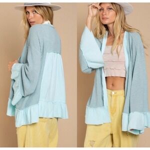 POL Aqua Waffle Knit Gauze Ruffle Hem Cardigan Boho Oversized L